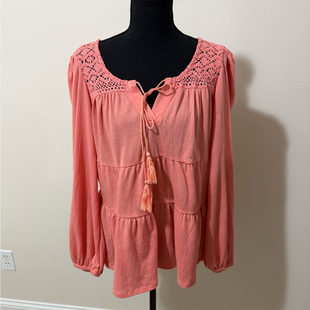 Absolutely Famous Coral Crochet Yoke Peasant Tunic